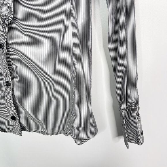 Reiss US 2 Black White Pinstripe Ruffle Mock Neck Long Sleeve Blouse Top Cotton - Picture 4 of 11